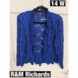 R&M Richards Royal Blue Ruffled lace Beaded Jacket 14W